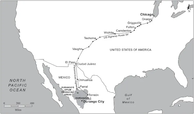 A map showing the route the Pan-American Highway takes between Durango in Mexico and Chicago in the US.