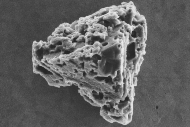In black and white, an object shaped like a triangular prism with a coarse exterior. There is a small bar for scale beneath the object.