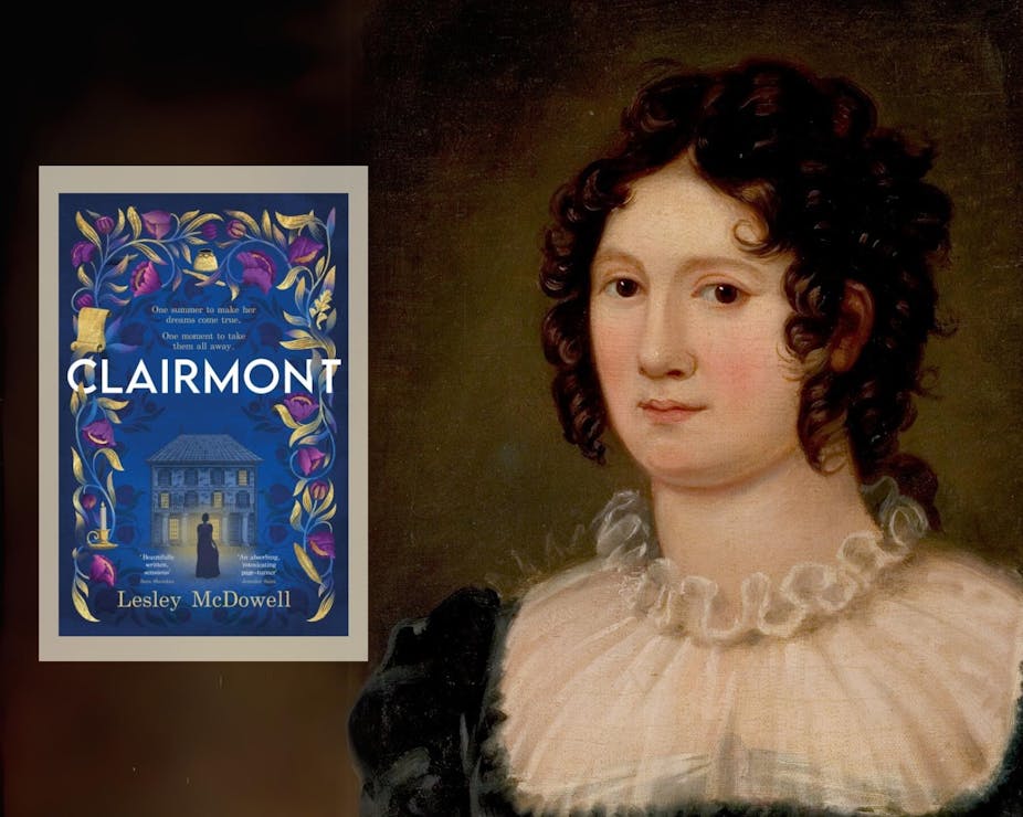book cover next to painting of a woman wearing an 18th century dress.