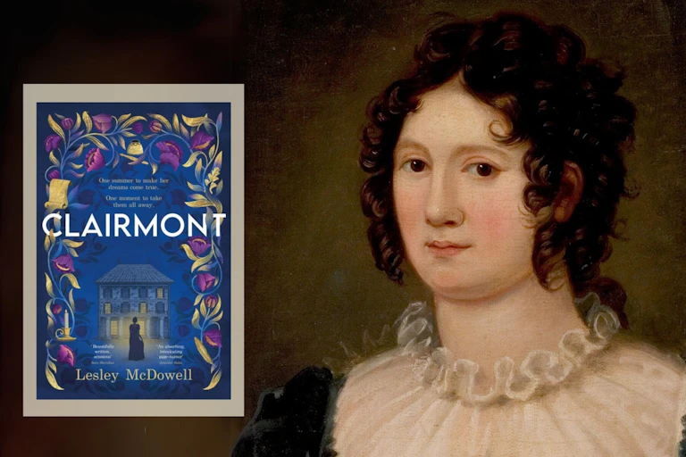 book cover next to painting of a woman wearing an 18th century dress.