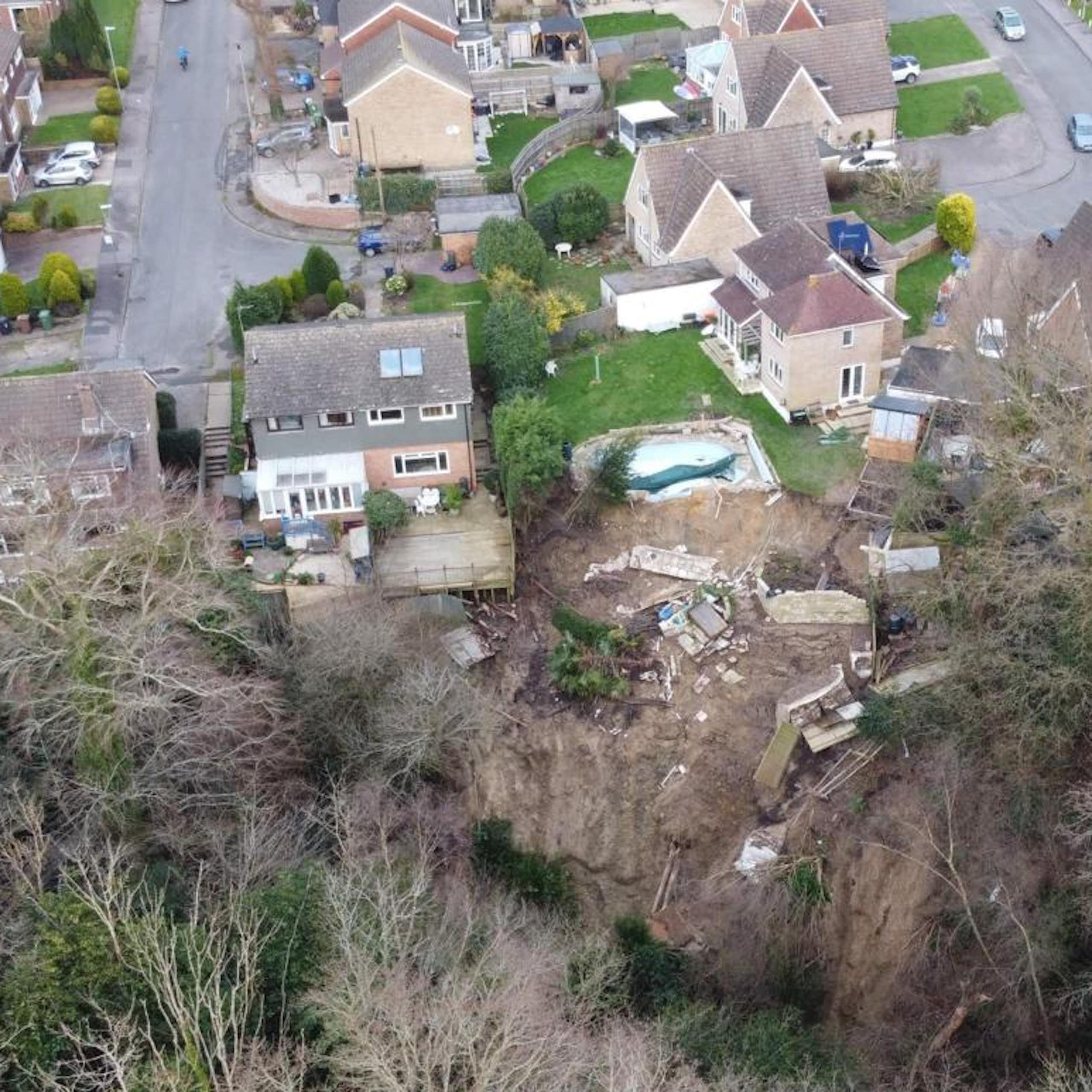 Aerial view of landslide affected houses