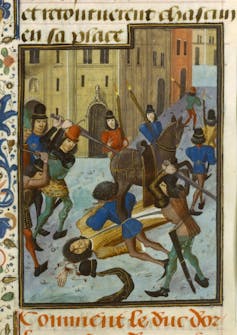 A colored illustration of many men in tights and hats hitting a man on the ground with swords.