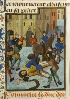 Illustration en couleurs représentant plusieurs hommes en collants et chapeaux frappant un homme à terre avec des épées