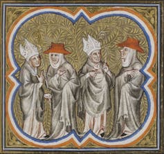 A gold-colored illustration of four men in clerical robes and hats standing and talking within an orange-blue border.