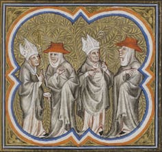 A gold-colored illustration of four men in clerical robes and hats standing and talking inside an orange and blue border.