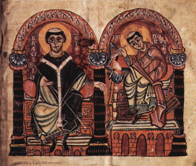 Illustrations de deux hommes chauves sur le dessus de la tête, vêtus de robes, assis à l’intérieur d’arcs rouges