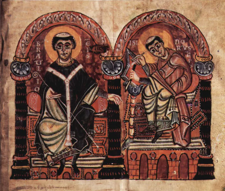 Illustrations de deux hommes chauves sur le dessus de la tête, vêtus de robes, assis à l’intérieur d’arcs rouges