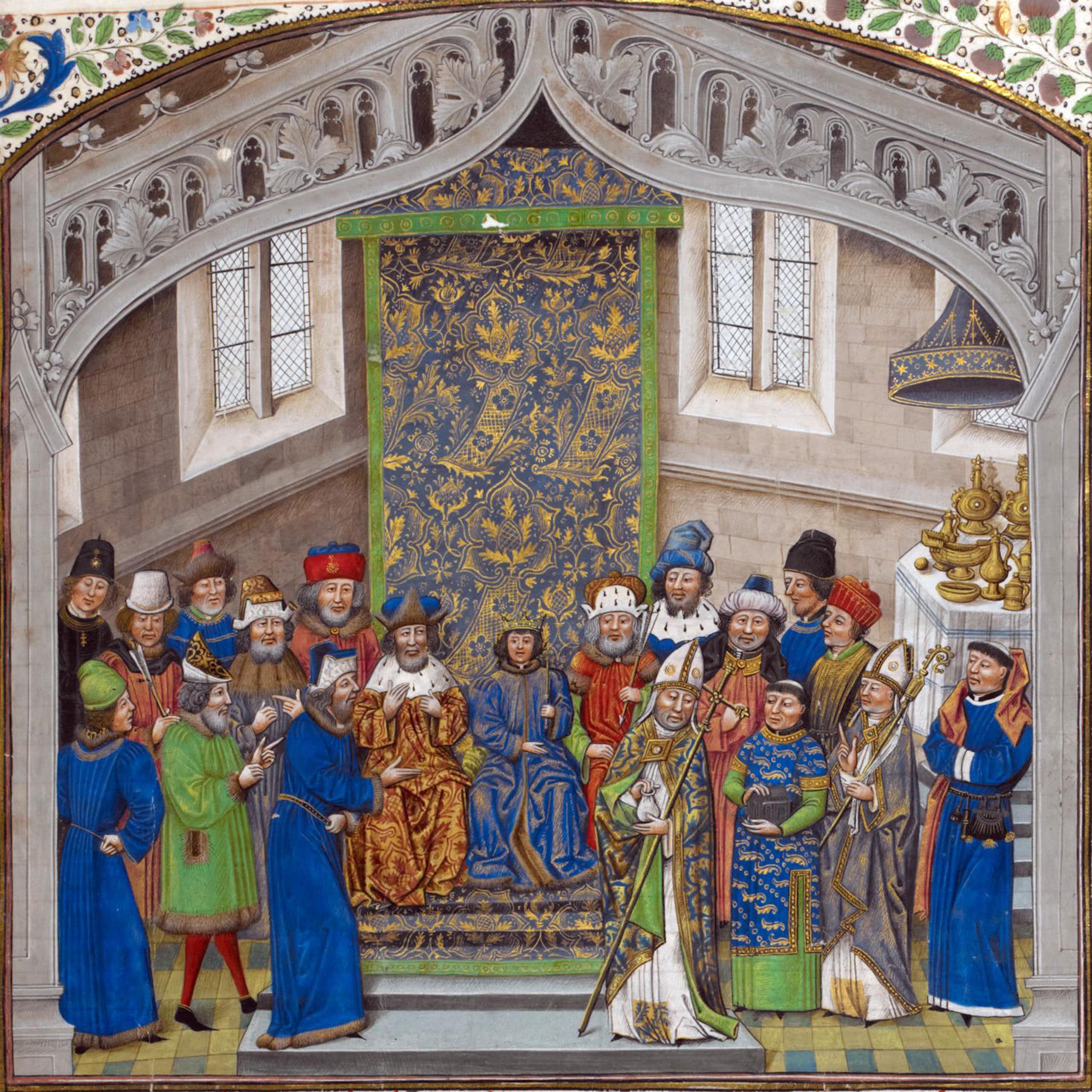 A brightly colored medieval illustration of several men on a throne as others mill around on the sides.