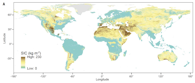 A world map showing very high levels of soil inorganic carbon in the Middle East and North Africa, high levels in large parts of Asia and Australia, and lower levels in most of the rest of the world.