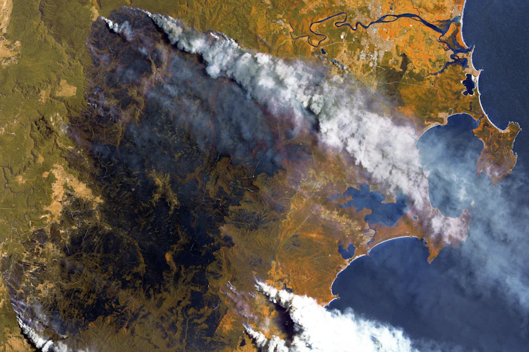 Forest fires in Australia, a view from space. Satellite photo contains modified Copernicus Sentinel data