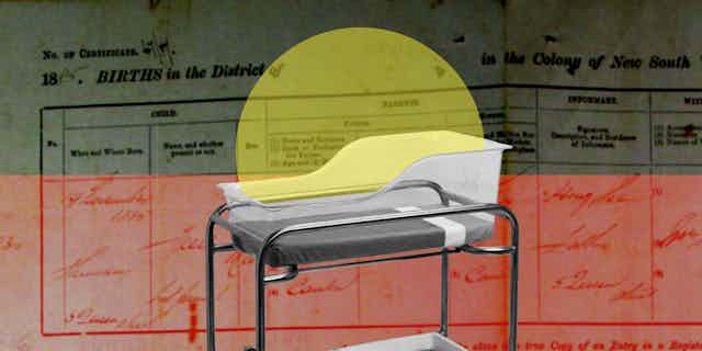 The Indigenous flag superimposed over a black and white image of a hospital baby cot, with an old birth form in the background