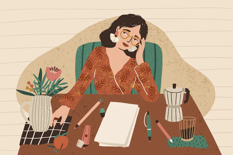 Woman looking frustrated at a blank page in front of her