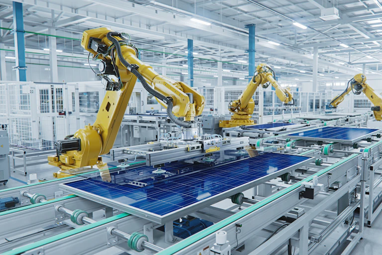 Robots assemble solar panels in a factory assembly line