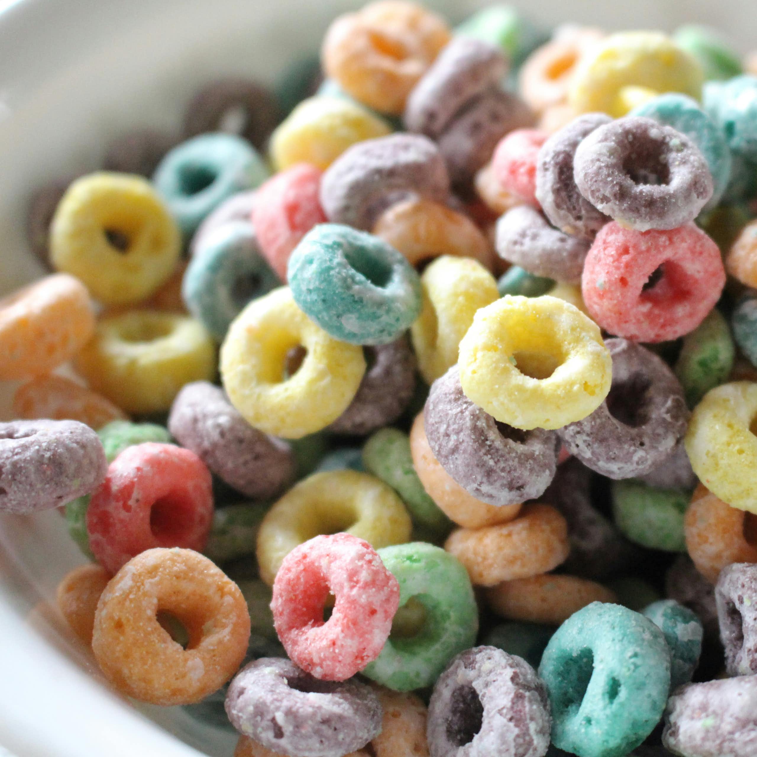 A bowl of Froot Loops breakfast cereal.