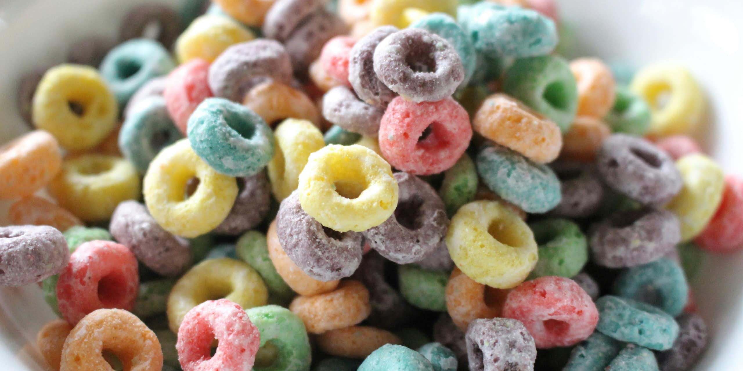 A bowl of Froot Loops breakfast cereal.