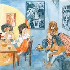 Illustration of girls in a room with posters.