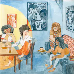 Illustration of girls in a room with posters.