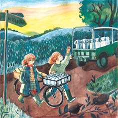 An illustration of a a girl and a woman in the countryside.
