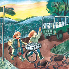 An illustration of a a girl and a woman in the countryside.