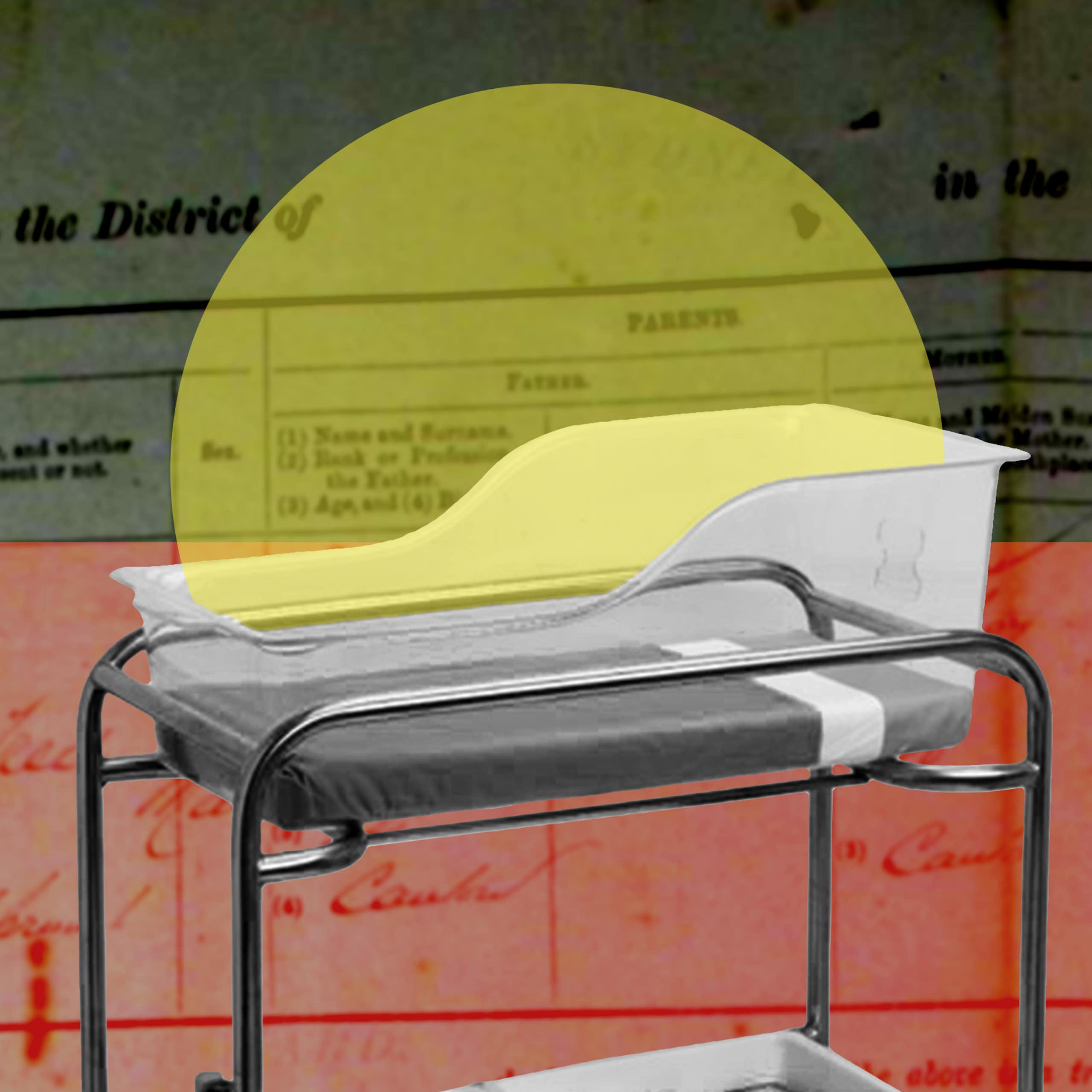 Drapeau jaune et rouge superposé à un berceau d'hôpital, avec un ancien formulaire de naissance en arrière-plan.