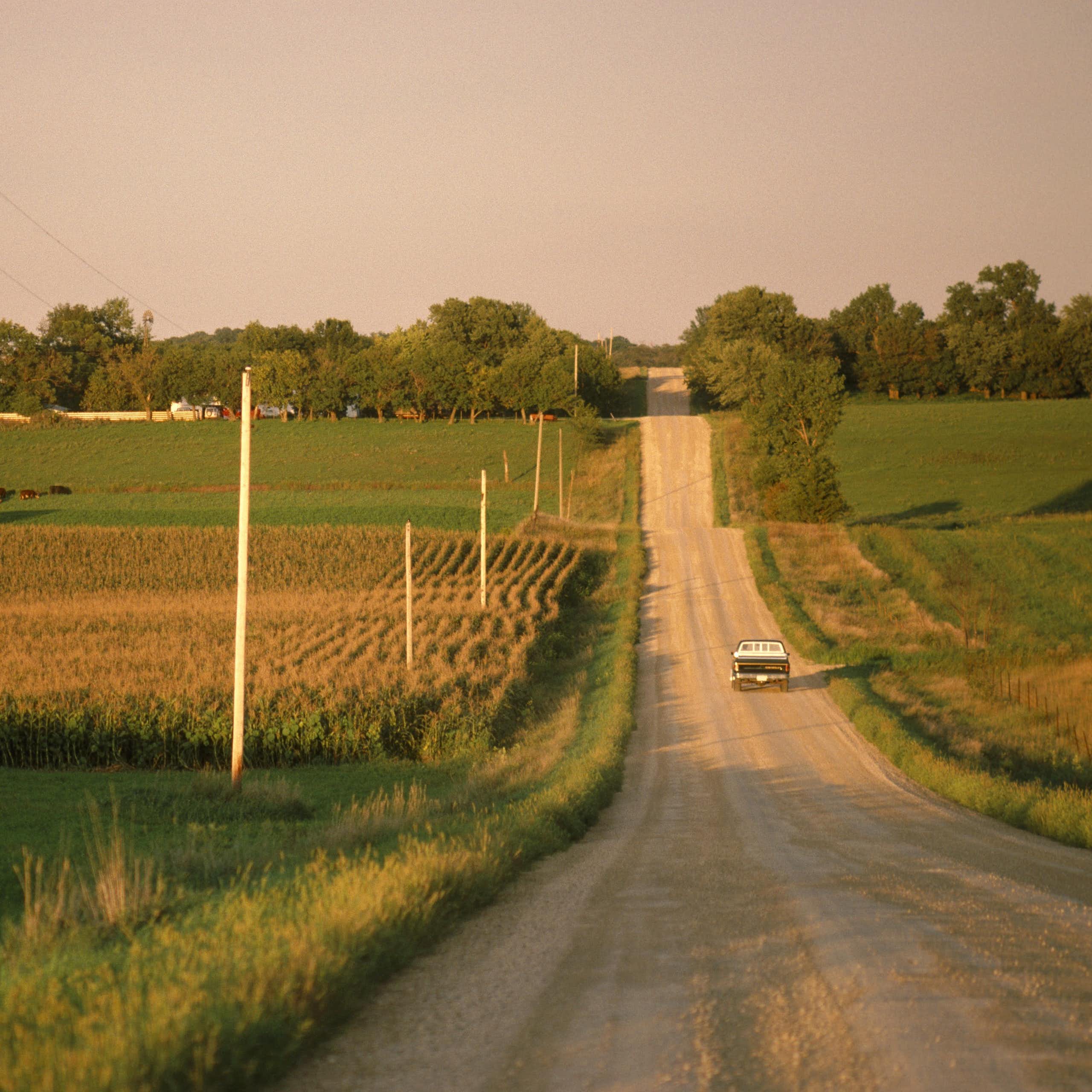 A truck moves past a farm as it drives down a gravel road in a rural area.