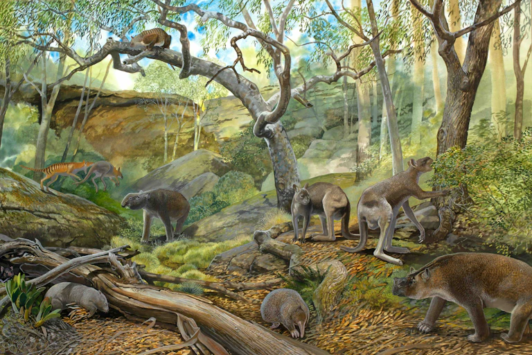 Illustration of a forest landscape populated with a variety of strange marsupials.