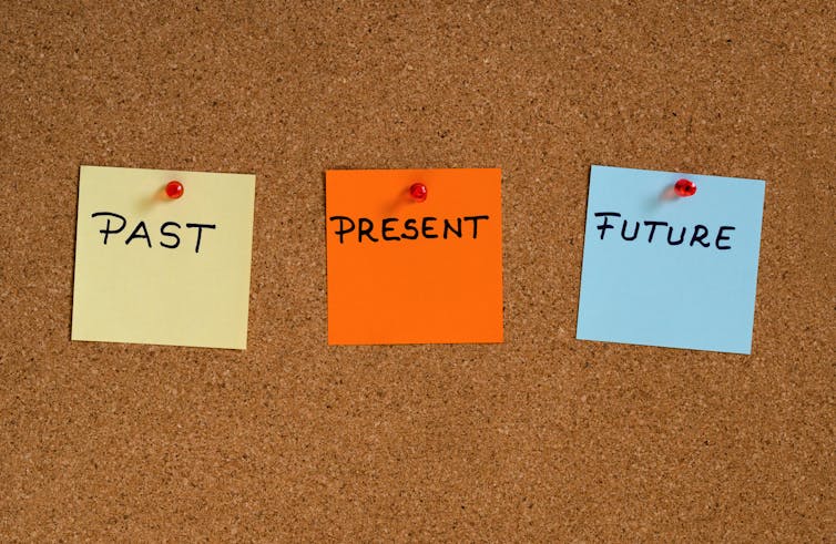 Past, present, future on a cork board