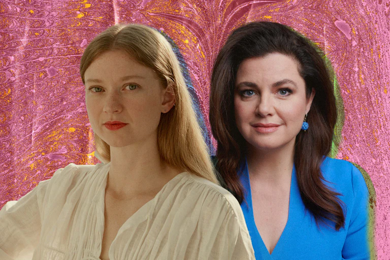 Composite image of Lousie Milligan and Bri Lee with an abstract pink ink pattern in the background