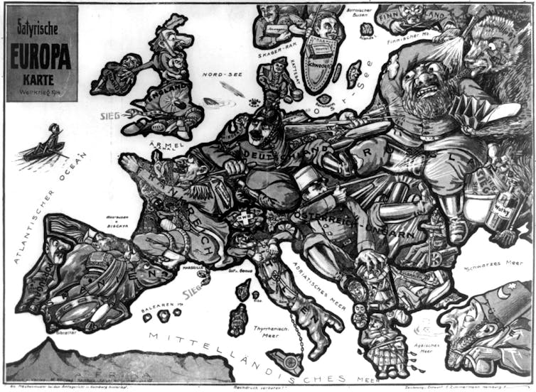 A map of Europe at the outbreak of the first world war with each country depicted as satirical human figure.