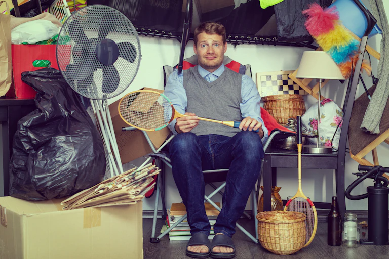 Man holding tennis racquet surrounded by junk