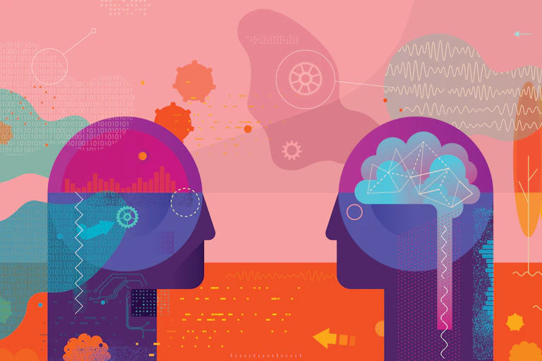 A vibrant vector illustration depicting Ai vs natural intelligence, both shaped like human heads but with different processes occurring in their heads.