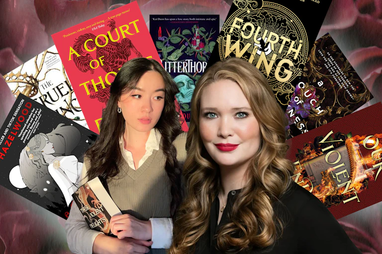 Composite image of Chloe Gong and Sara J Maas in front of an array of book covers from famous romantacy books