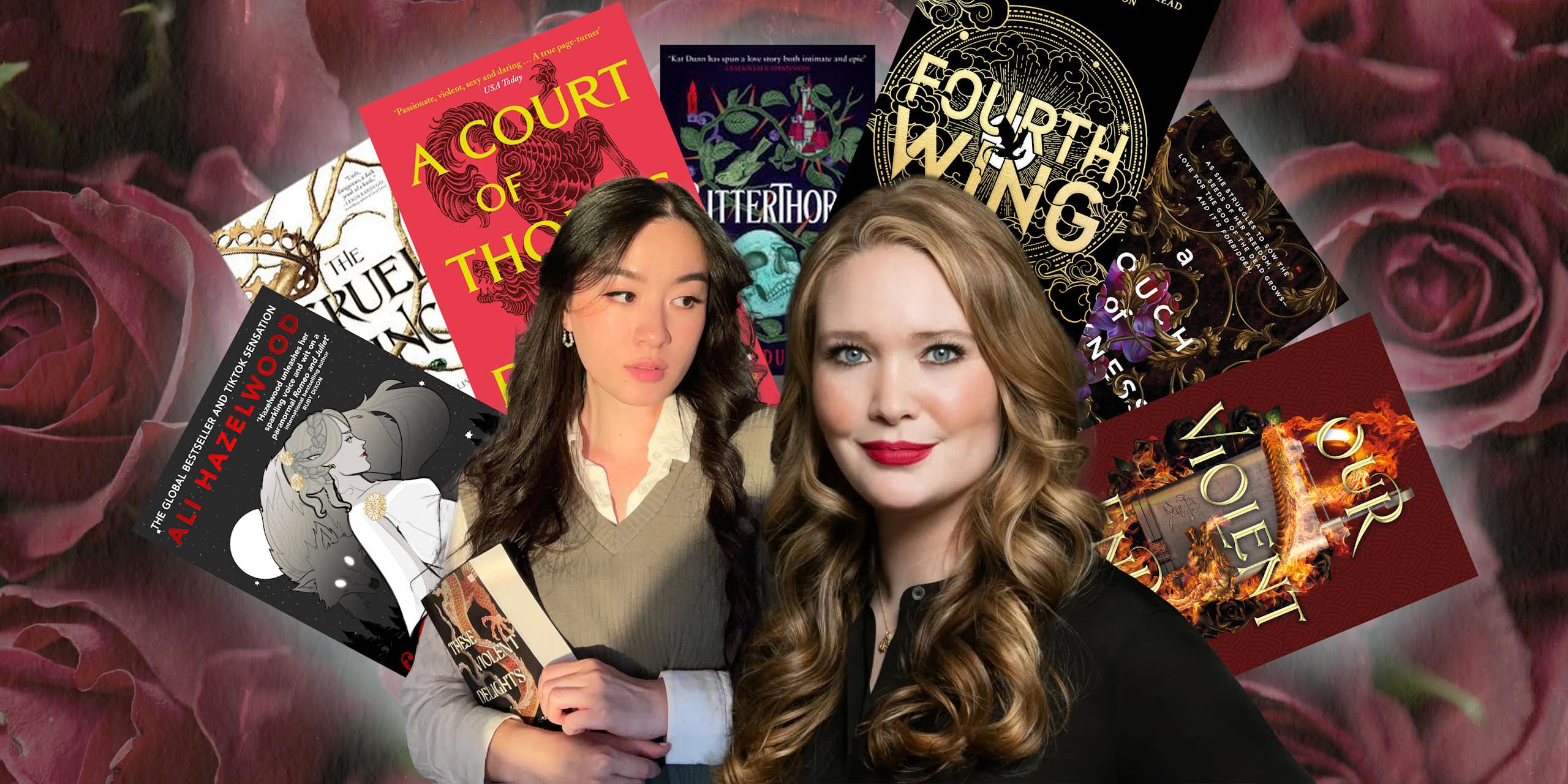 Composite image of Chloe Gong and Sara J Maas in front of an array of book covers from famous romantacy books
