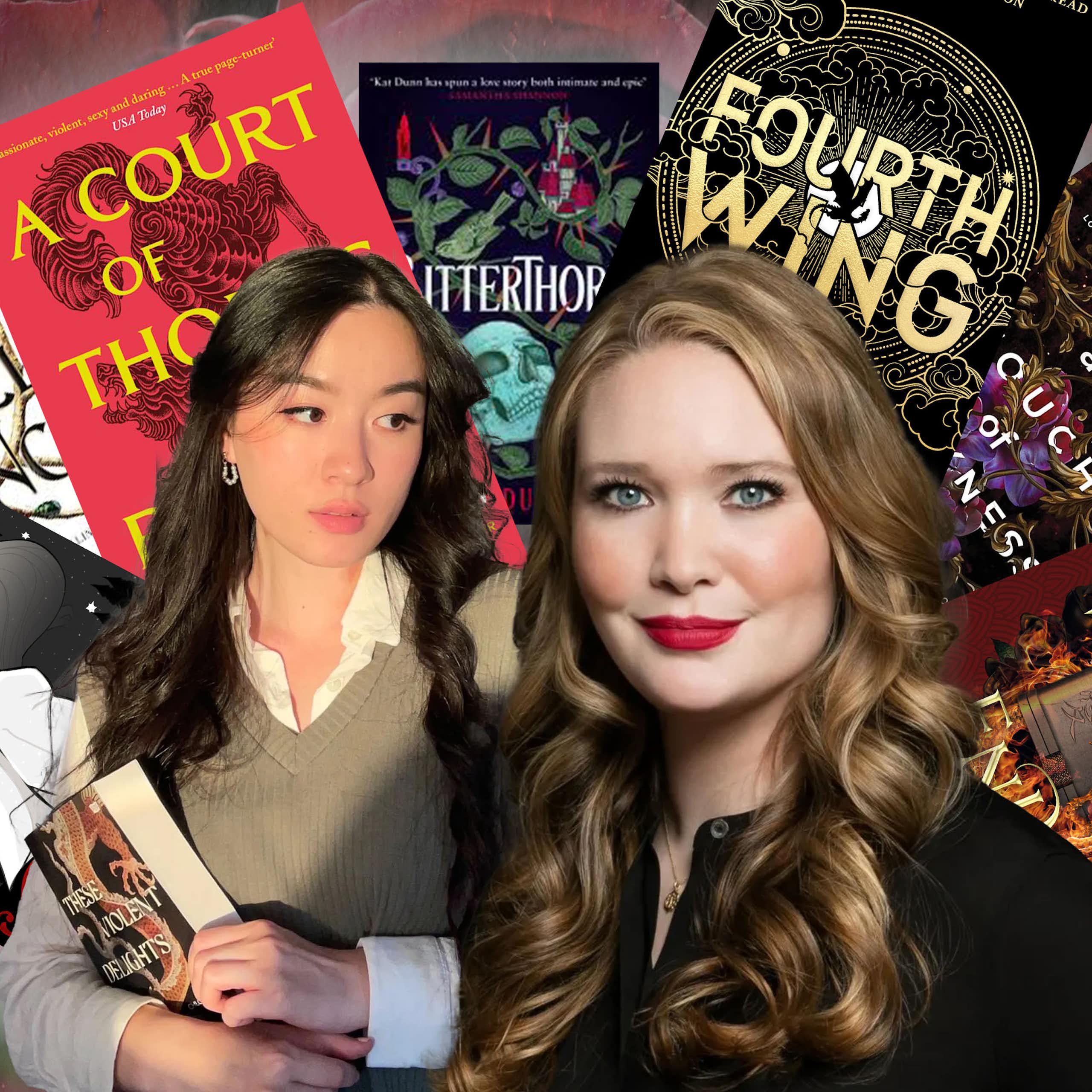 Composite image of Chloe Gong and Sara J Maas in front of an array of book covers from famous romantacy books