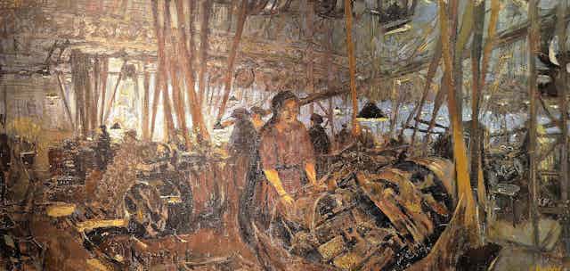 Détail d'un tableau d'Edouard Villard "L'usine de guerre à Oulins effet de soir" exposé au musée d'art moderne de troyes