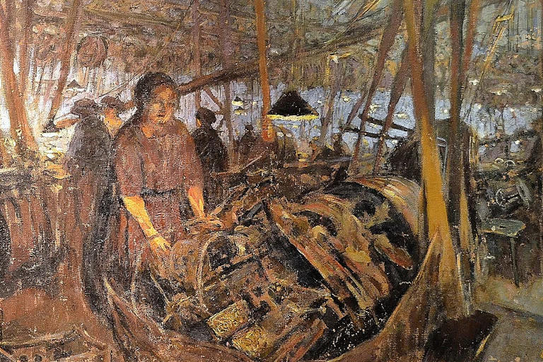 Détail d'un tableau d'Edouard Villard "L'usine de guerre à Oulins effet de soir" exposé au musée d'art moderne de troyes