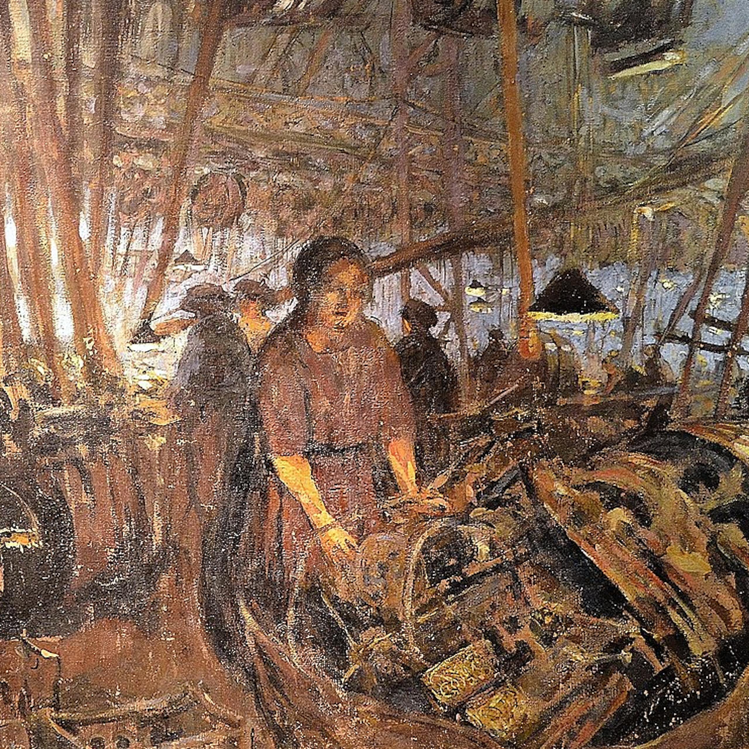 Détail d'un tableau d'Edouard Villard "L'usine de guerre à Oulins effet de soir" exposé au musée d'art moderne de troyes