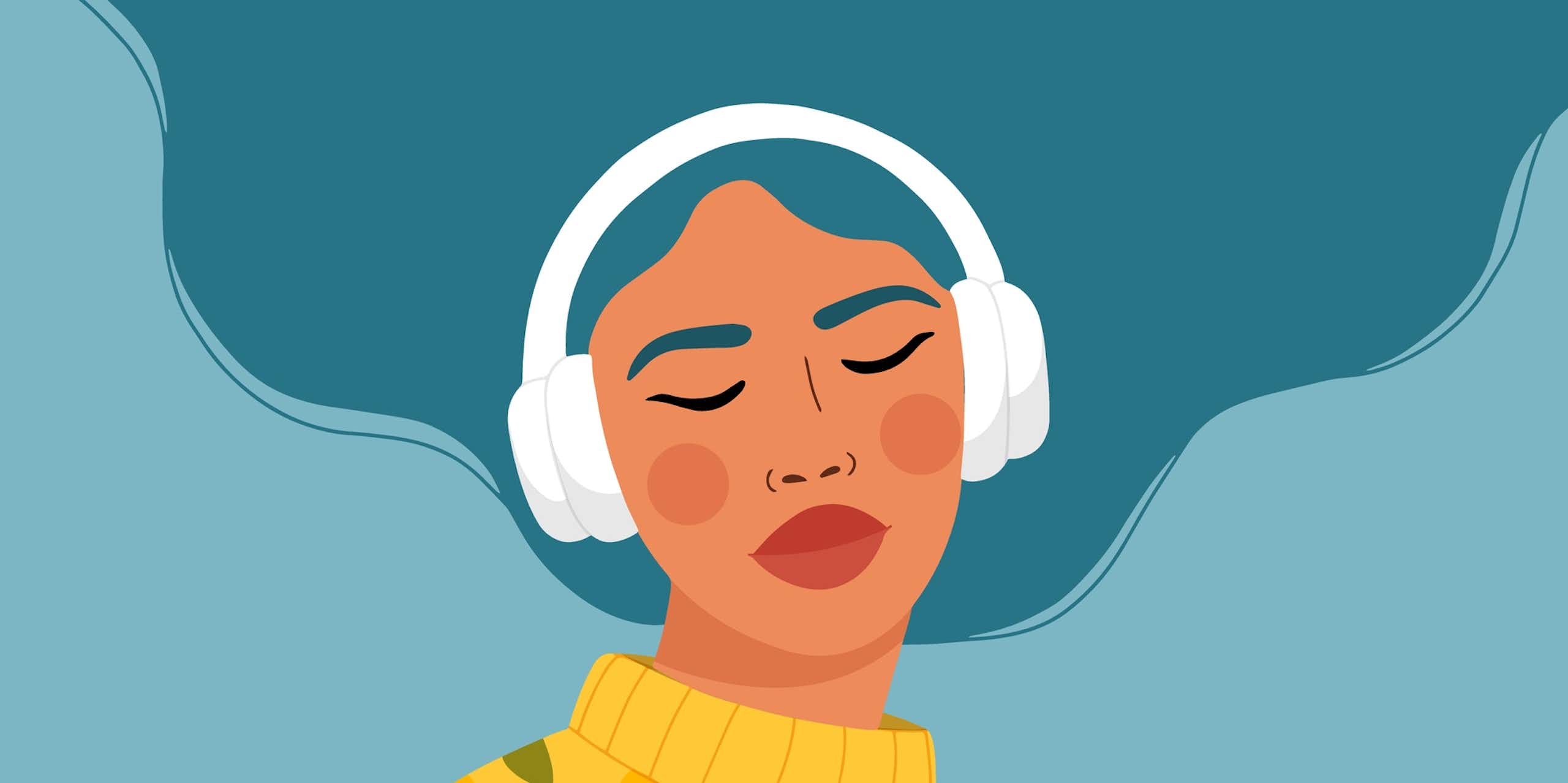 cartoon of young woman listening to headphones