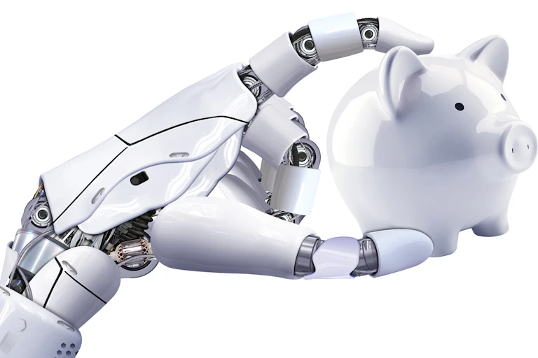 Robot arm holding a piggy box