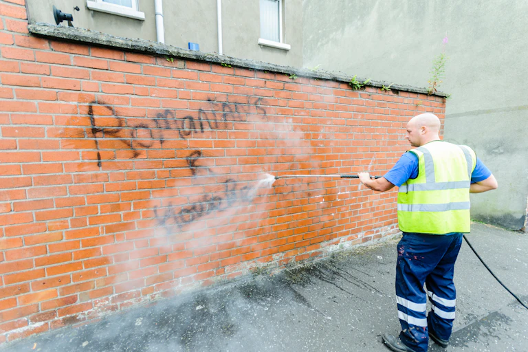A council worker power washes hateful graffiti off a red brick wall.