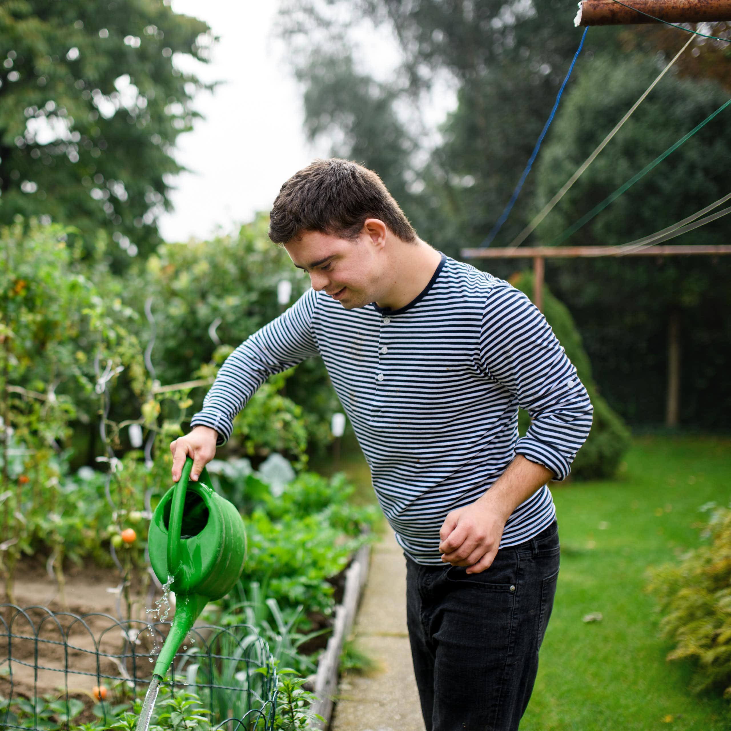 man with disability waters plants in garden