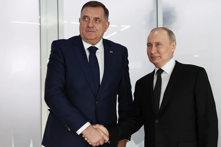 Bosnian Serb leader, Milorad Dodik, the president of Republika Srpska, with Russian president, Vladimir Putin, in February 2024.
