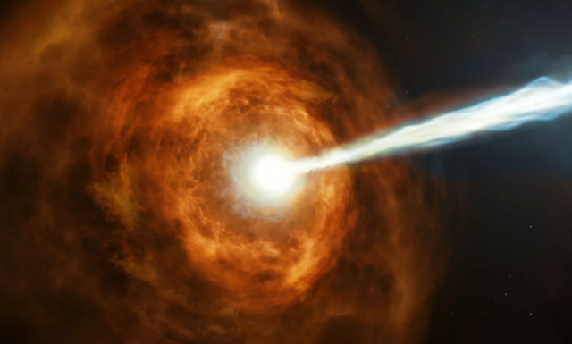 Uma explosão de luz brilhante saindo de uma nuvem nebulosa.