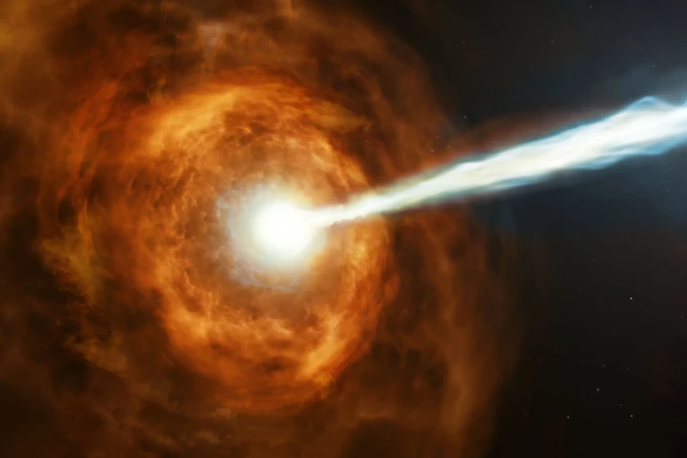 Uma explosão de luz brilhante saindo de uma nuvem nebulosa.