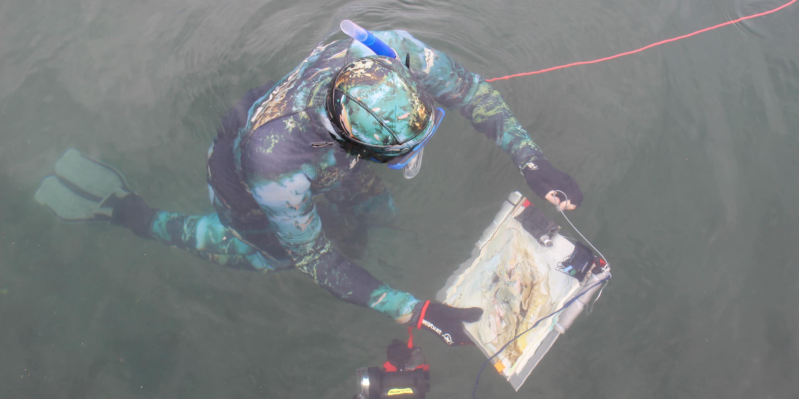 looking down at snorkellor in camoflage coloured wetsuit, holding clipboard with white paper and painting on, dark blue-grey sea surrounding them