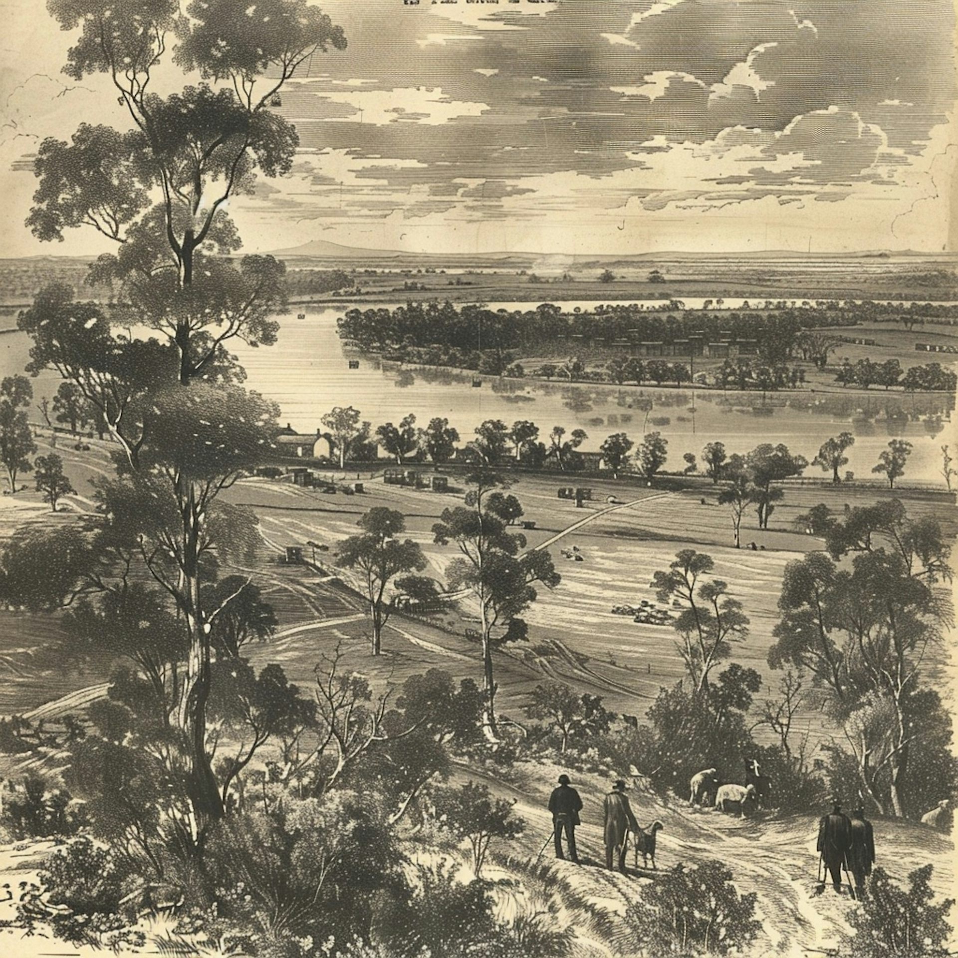 A sepia-toned painting depicting a port and fields dotted with trees.