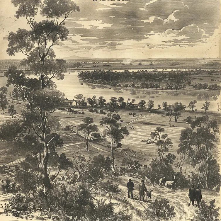 A sepia-toned painting depicting a port and fields dotted with trees.