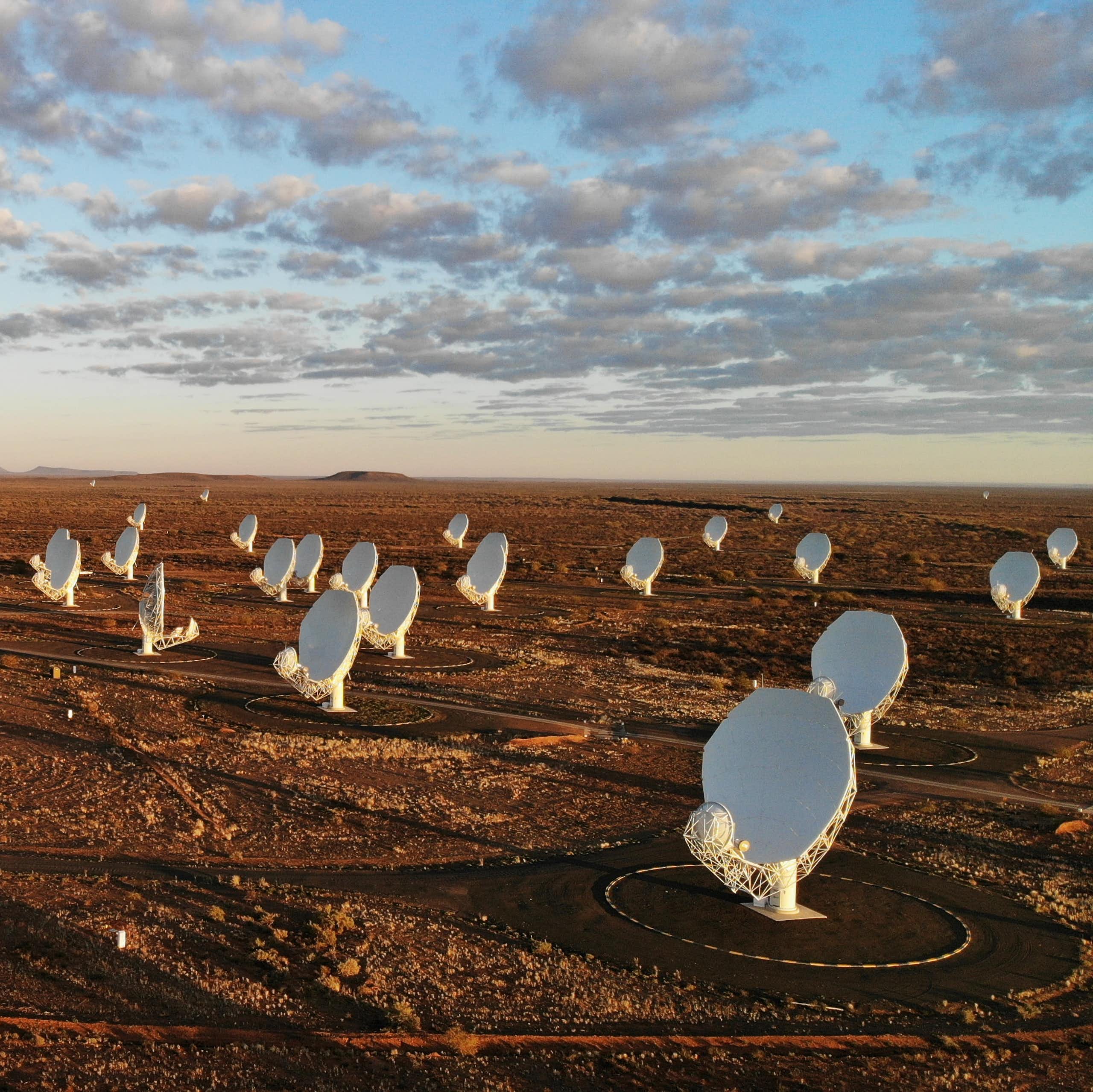 Large white satellite dishes, their receivers pointed up to the sky, are photographed in a sprawling, empty patch of land