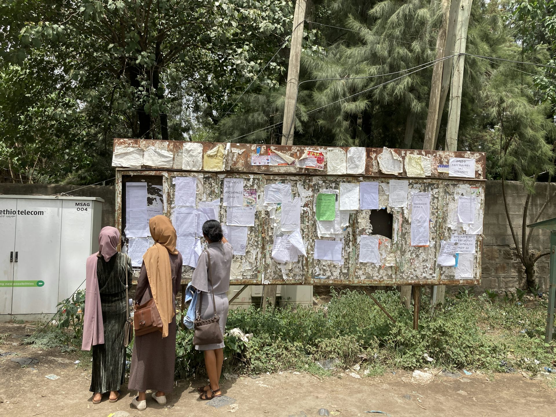 View from behind of three women, two wearing headscarves and modest clothing, looking at an outdoor board covered in flyers