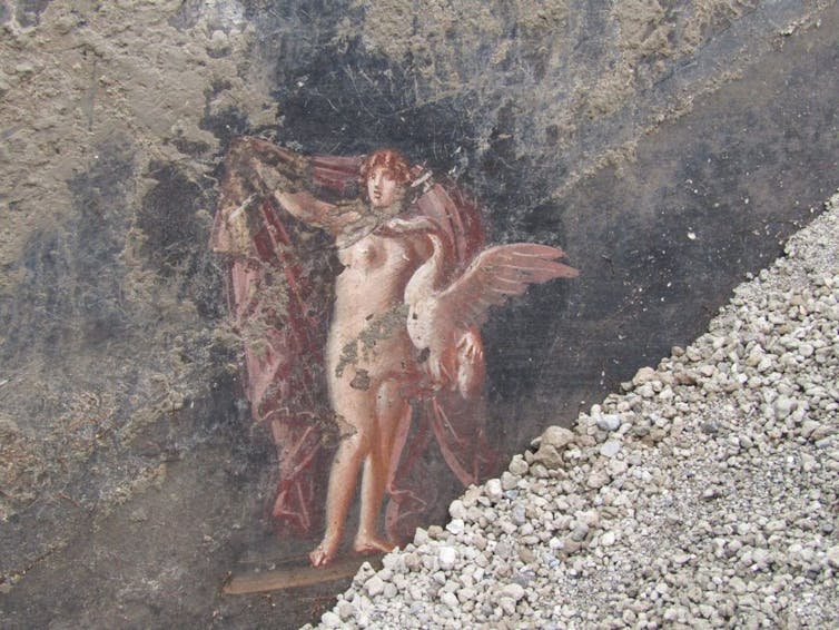Leda holding a sheet, being attacked by a swan